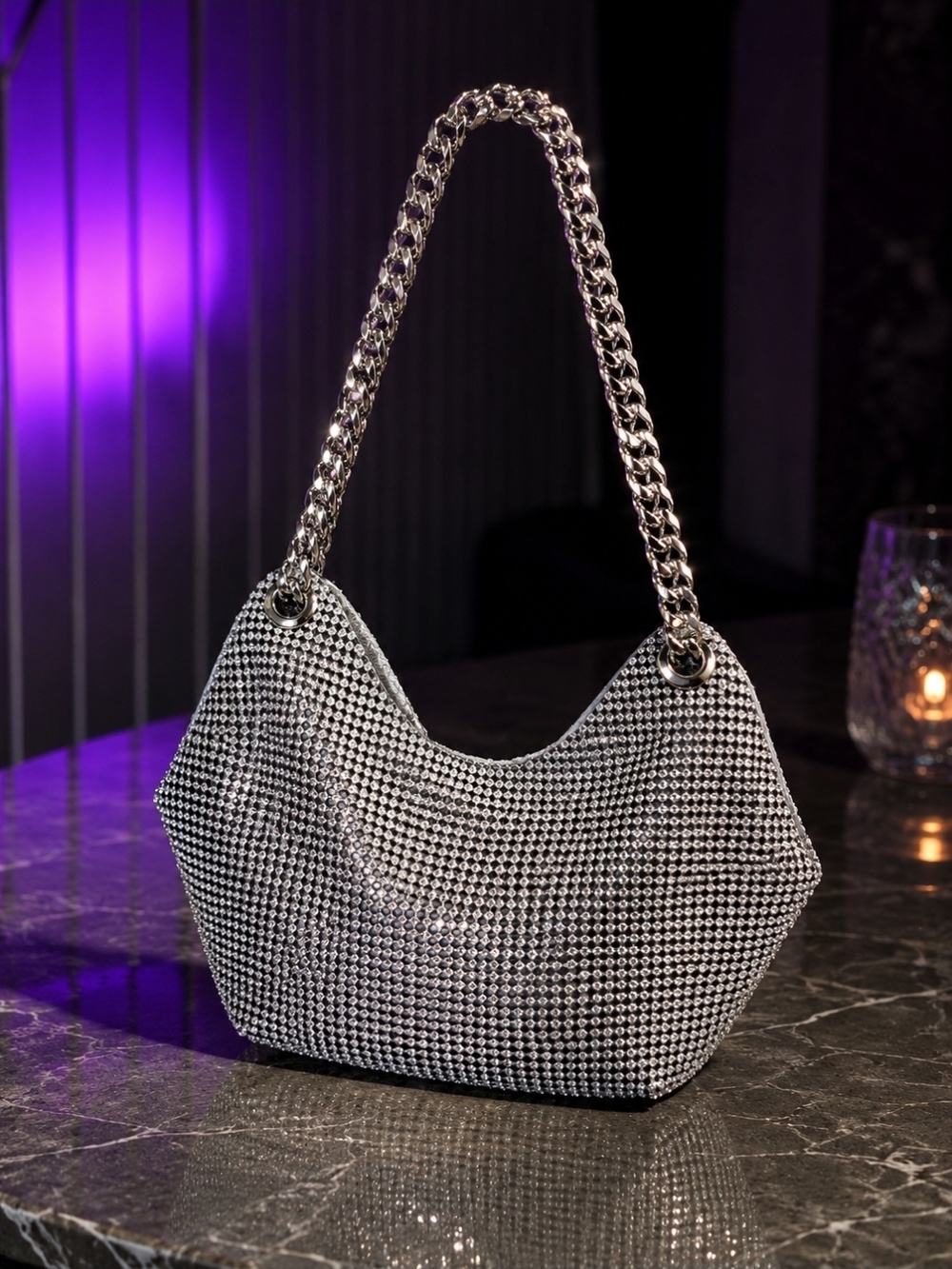Zara Silver Crystal-Embellished Shoulder Bag with Chain Handle